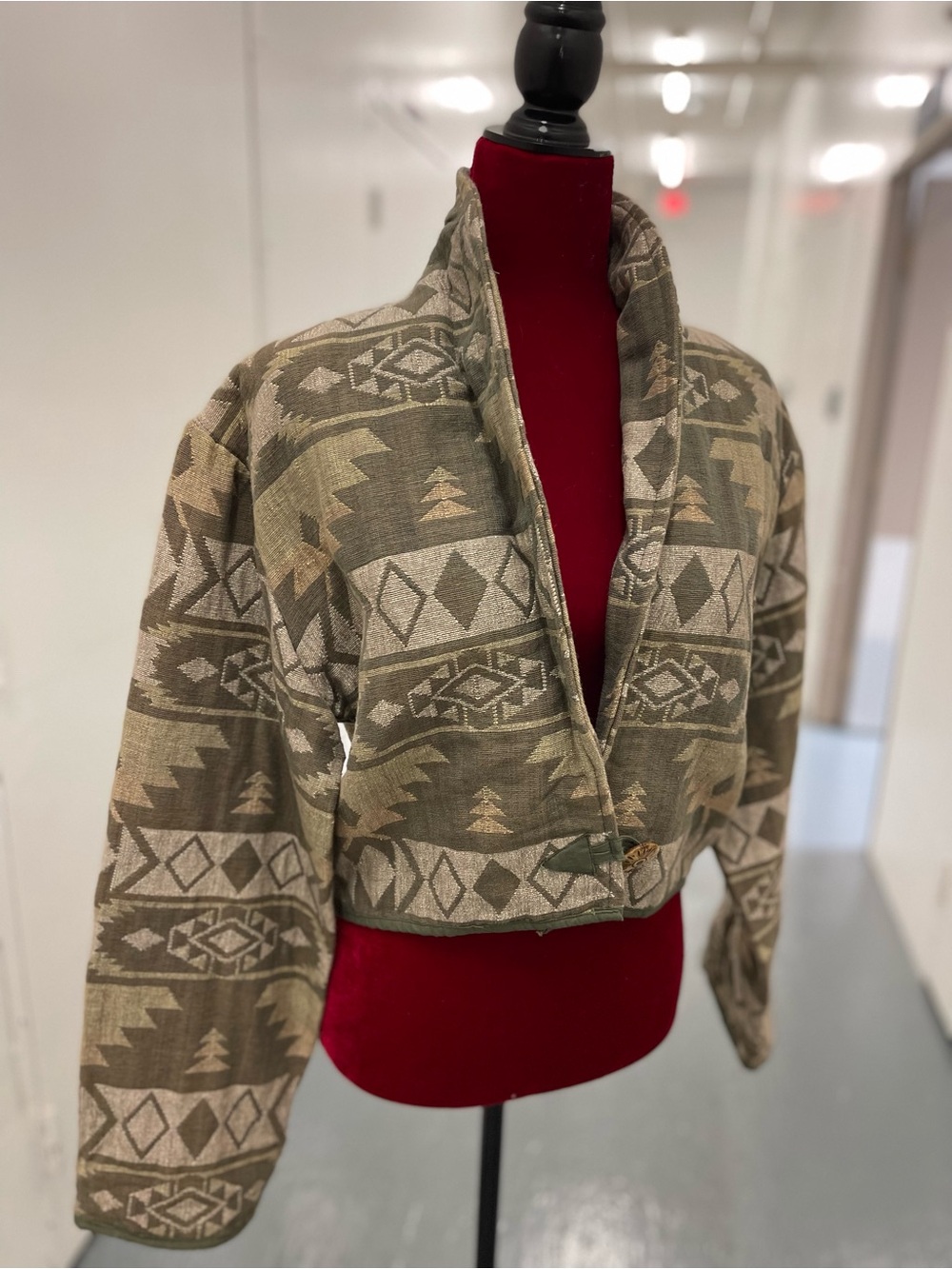 Cropped Aztec Pattern Jacket in Olive & Beige